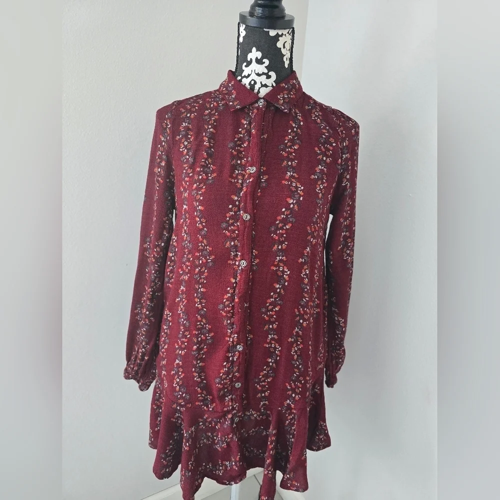 Free People Red Long Sleeve Dress Shirt with Bishop Sleeves size XS